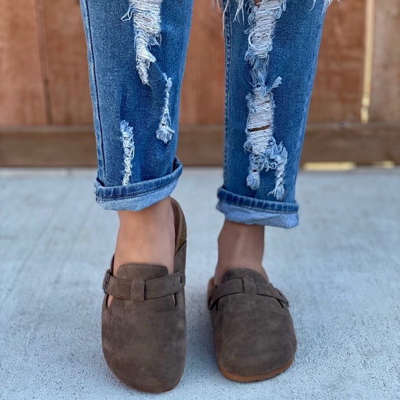 Taupe Suede Buckle Slip On Flat Mules - Picture 2 of 7